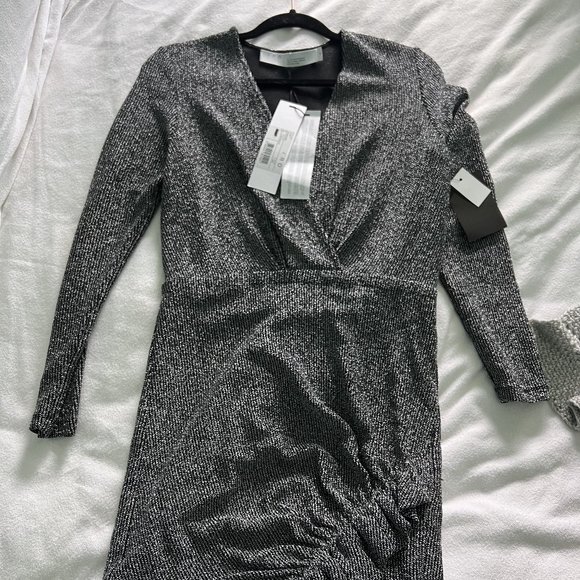 NWT -IRO Noize Ruffled Wrap Effect Metallic Silver Black Rib Knit Mini Dress 40 - Picture 5 of 7